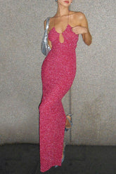 Rosa Glitzerkleid mit Schlitz und Bindeband hinten